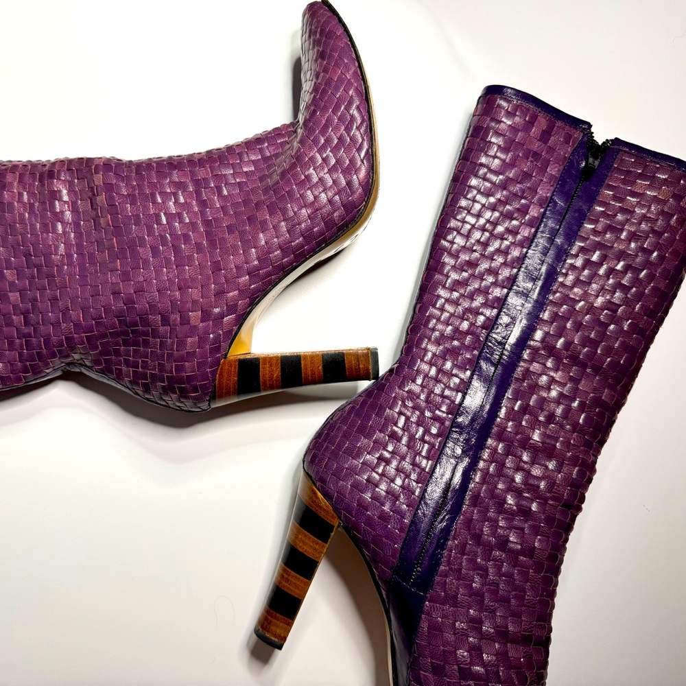 Via Spiga Two-Tone Purple Woven Leather Mid Calf Boots with Striped Wooden Heels
